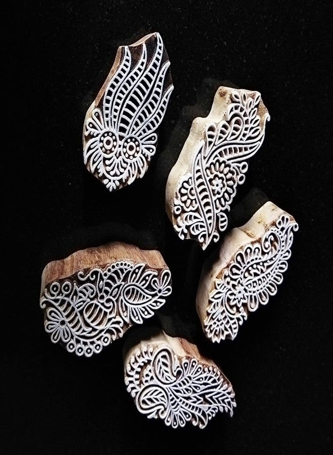 ecofynd Round Wood Block Stamps (Pack of 5), Wooden Blocks for Block Printing Stamp Set, Artistic Shapes Craft Kids Saree Border DIY Henna Fabric Textile Paper Clay Pottery Hand-Carved (BLOCK011) - Image 4